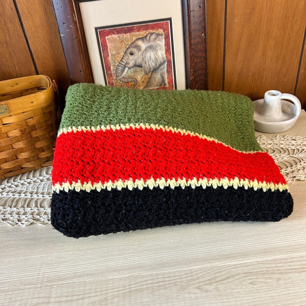 Handmade Crochet Throw Blanket Green Red Black Stripes Cozy Retro Blanket Rustic